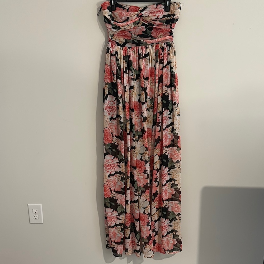 Fashion Nova Floral Strapless Dress - Black, Pink, Cream